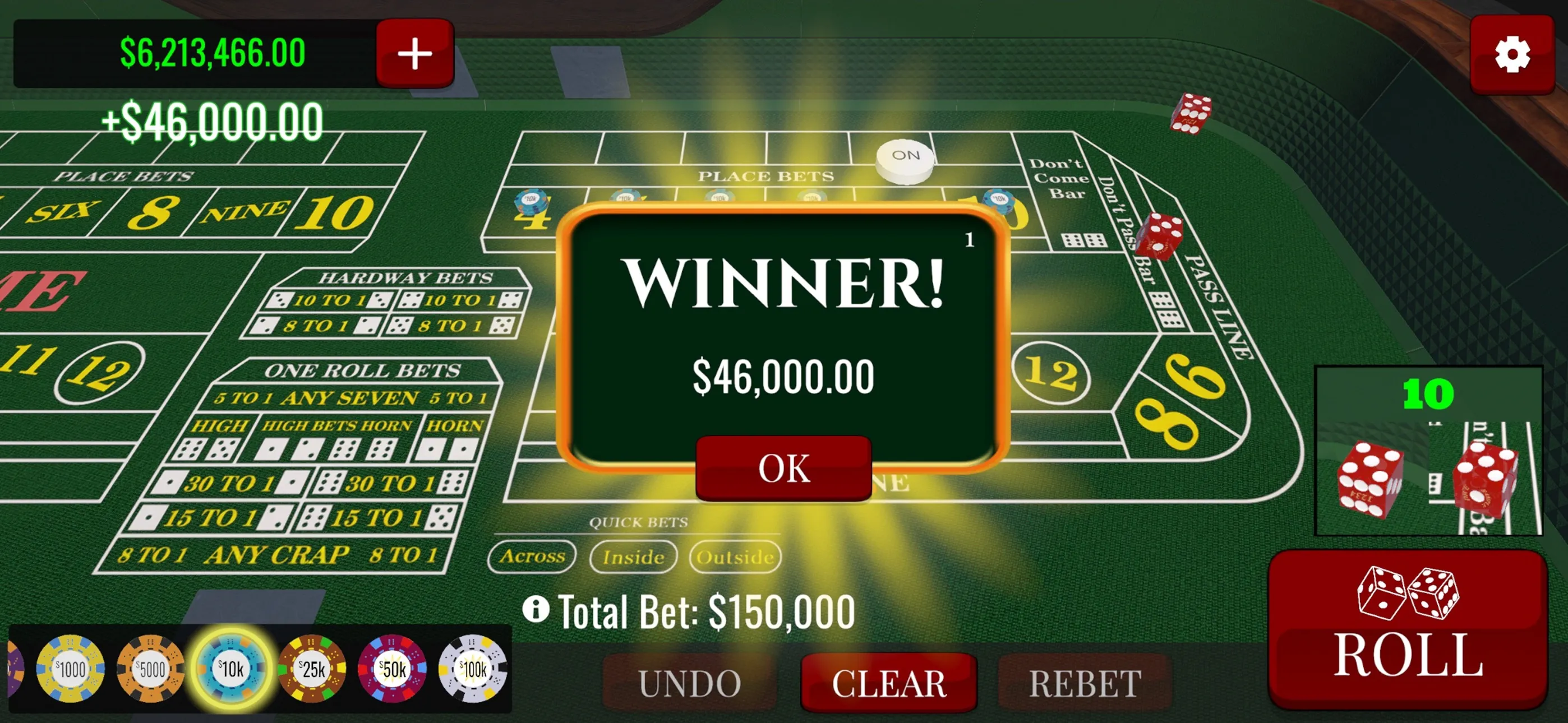 A winning roll paying out on the craps table
