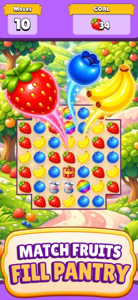 A match-3 board as strawberries, blueberries, and bananas fly in to fill the pantry