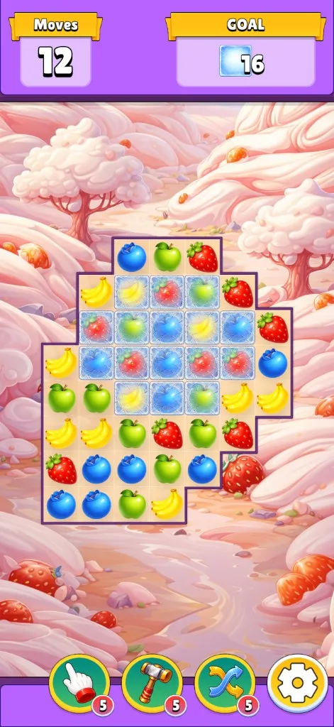 A pink candy landscape level collecting ice, with some fruit frozen in blocks