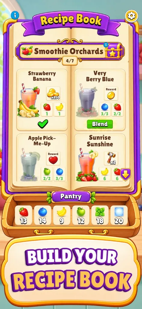 Recipe Book open to Smoothie Orchards, with the pantry of collected fruit