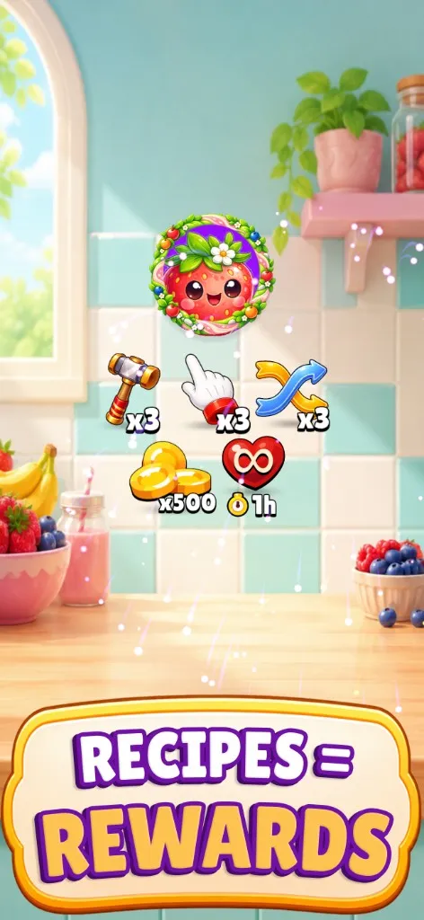 Rewards from completed recipes, including boosts, coins, and lives